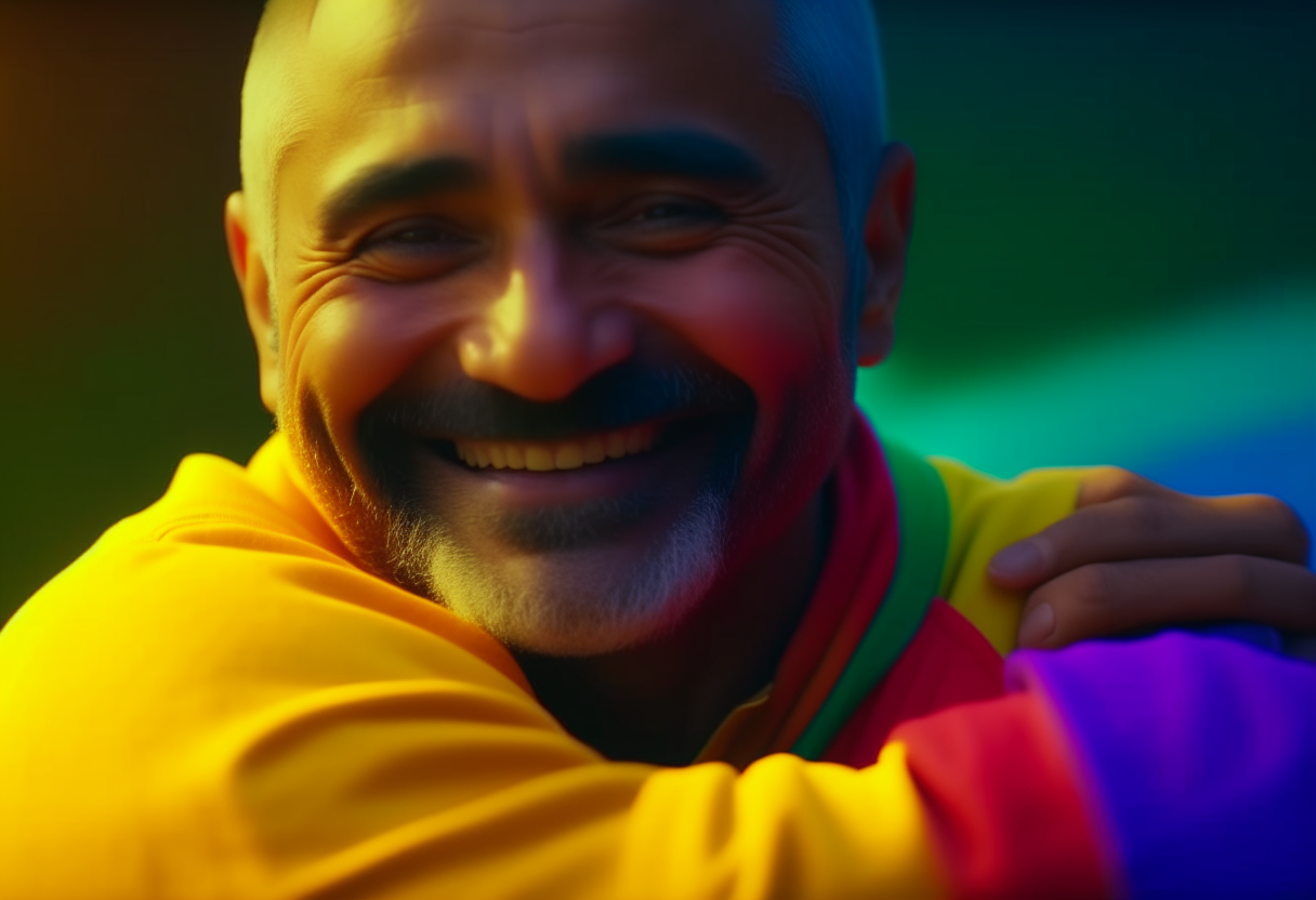 A man smiling gratefully as he receives a warm embrace from a friend, appreciating the support in tough times. new video like person hugging his friend not these bright colors