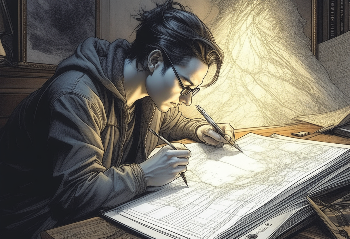 A person jotting down their values and goals in a journal, finding their "why" amidst the chaos of life. professional headshot, semi realistic gouache painting, insanely detailed, masterpiece, masterpiece, comic book cover