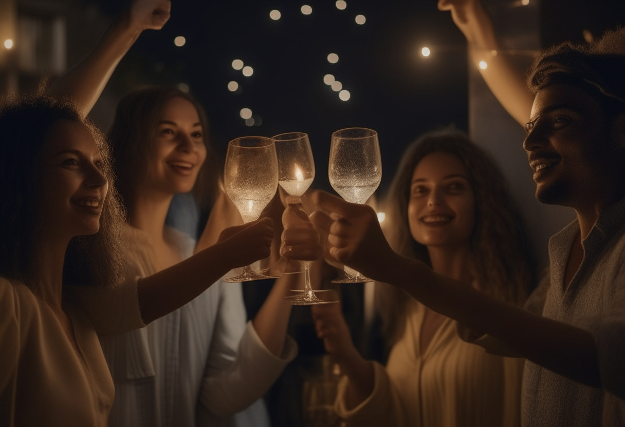 A group of friends raising a toast, celebrating resilience and growth amidst setbacks. at night, ethereal lighting, Romanticism