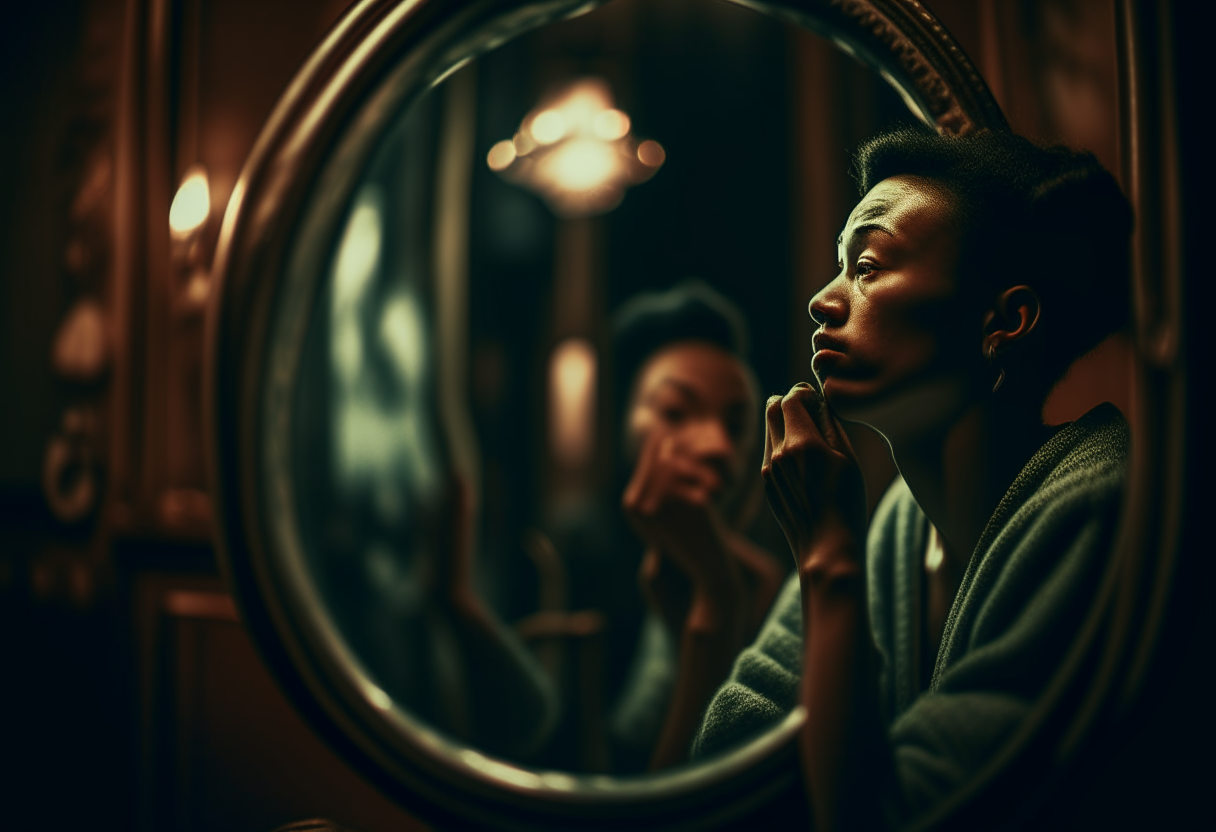 A person taking a moment to pause and reflect in front of a mirror, choosing their response to challenges. tumblr, portait