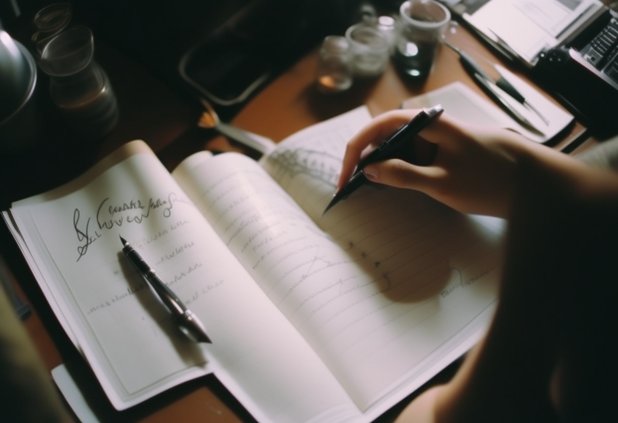 A person jotting down their values and goals in a journal, finding their "why" amidst the chaos of life. wide shot, 35mm film roll photo