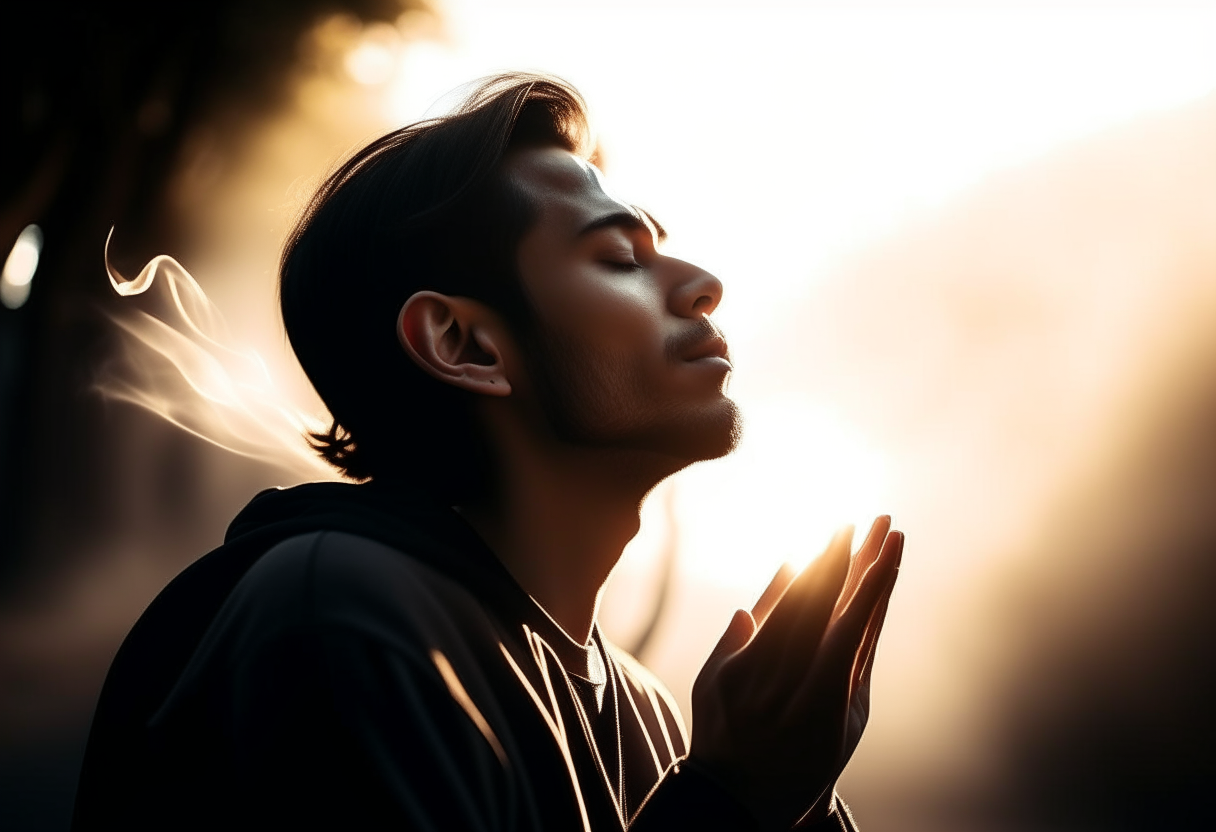 A person practicing deep breathing exercises to maintain composure in stressful situations. pexels, Heidelberg School, lens flares, cinematic lighting