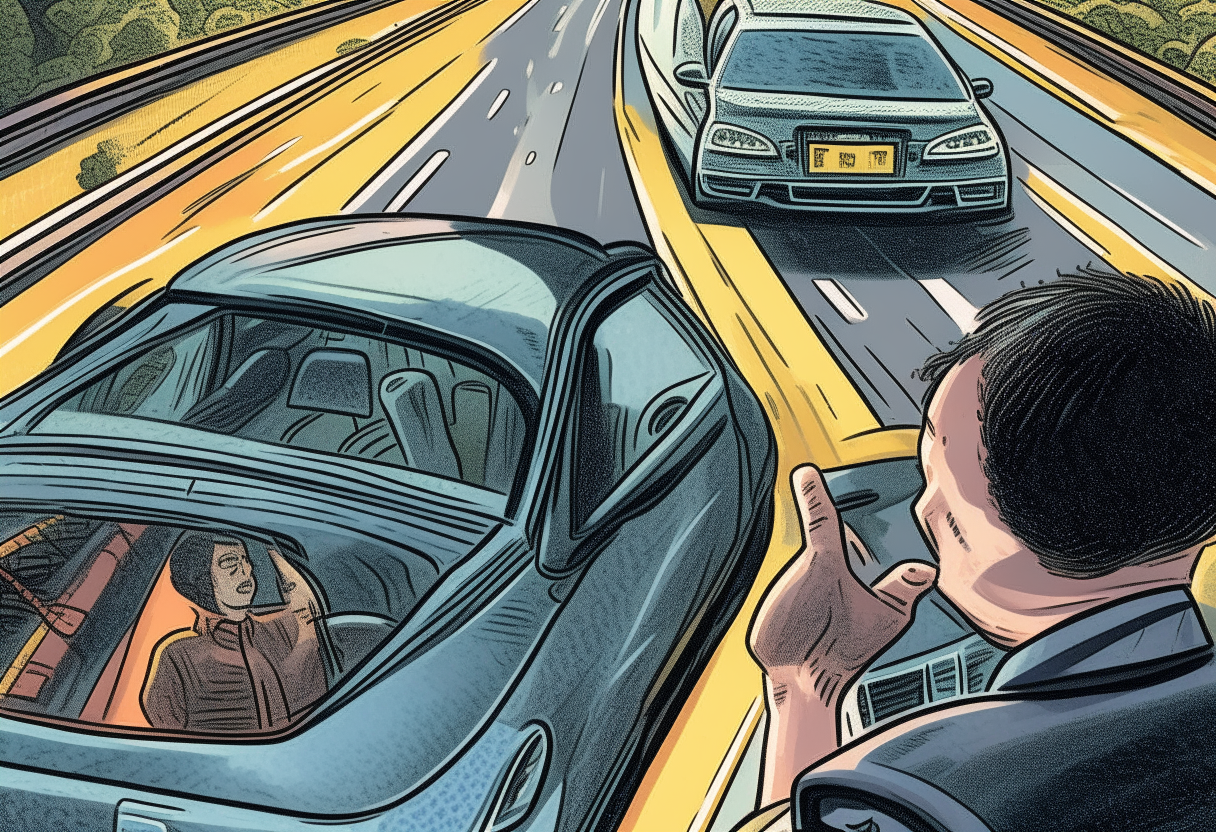 A driver calmly letting another car merge into their lane, exercising control over their reaction to traffic. intricate details, whole page illustration