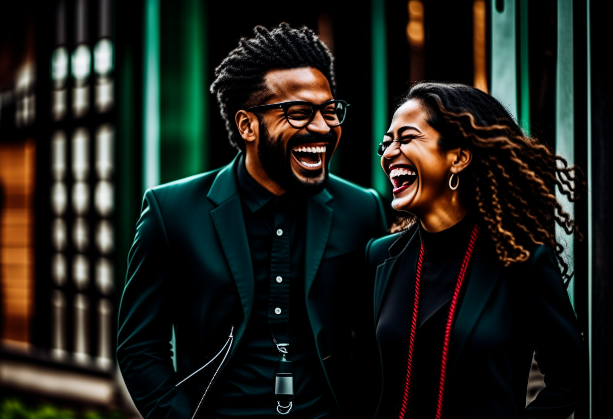 A couple sharing a laugh over the phone, finding joy and connection in the midst of adversity.
