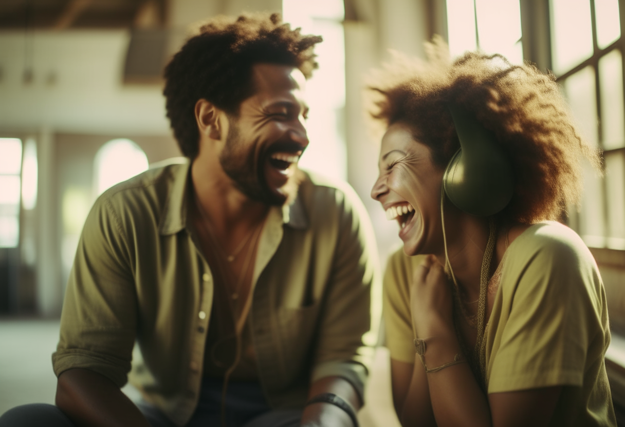 A couple sharing a laugh over the phone, finding joy and connection in the midst of adversity.
