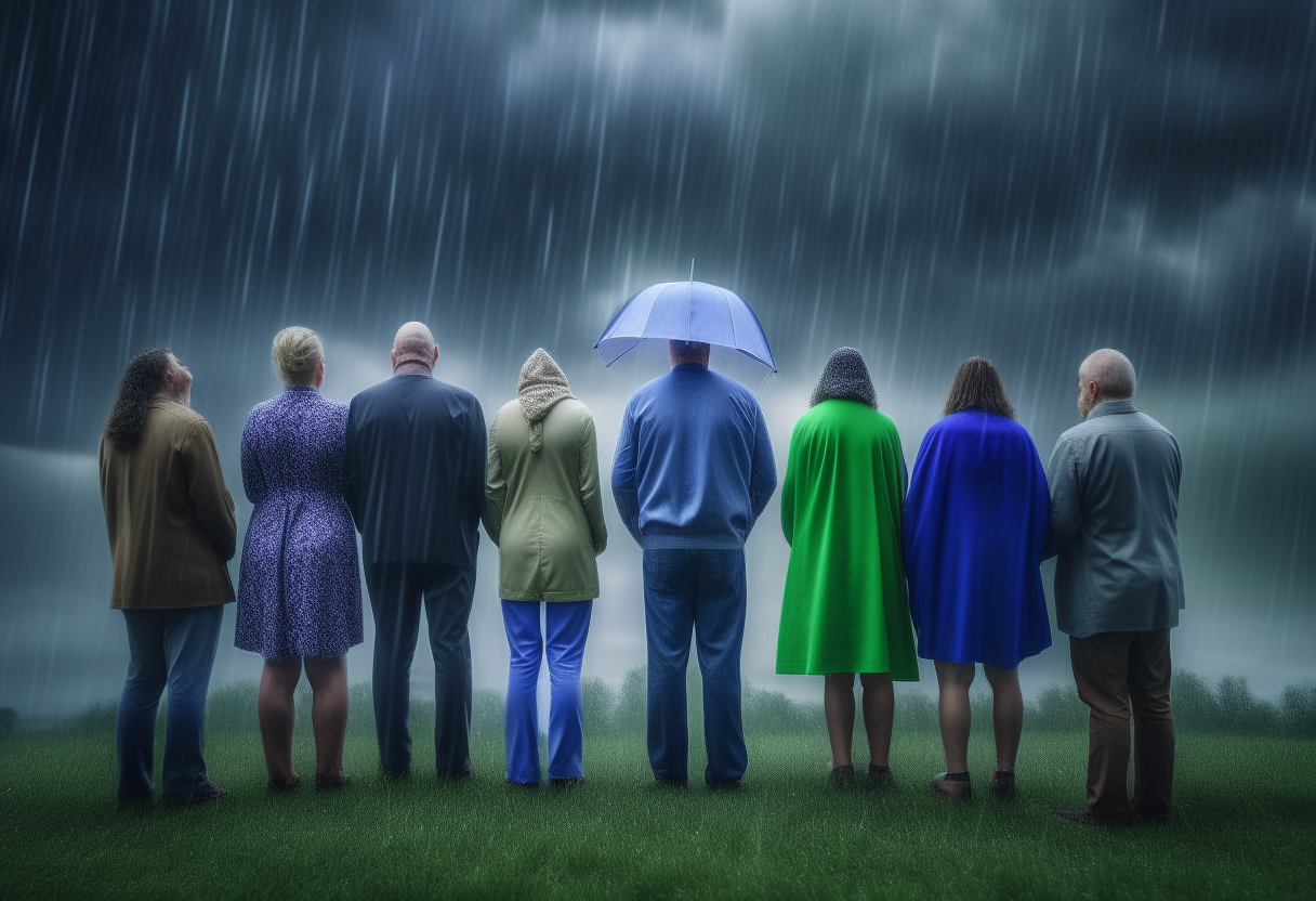 A group of people standing strong against a stormy backdrop, symbolizing inner calm amidst life's uncertainties. autumn rain turkel, verdant, award winning photography, full shot, volumetric