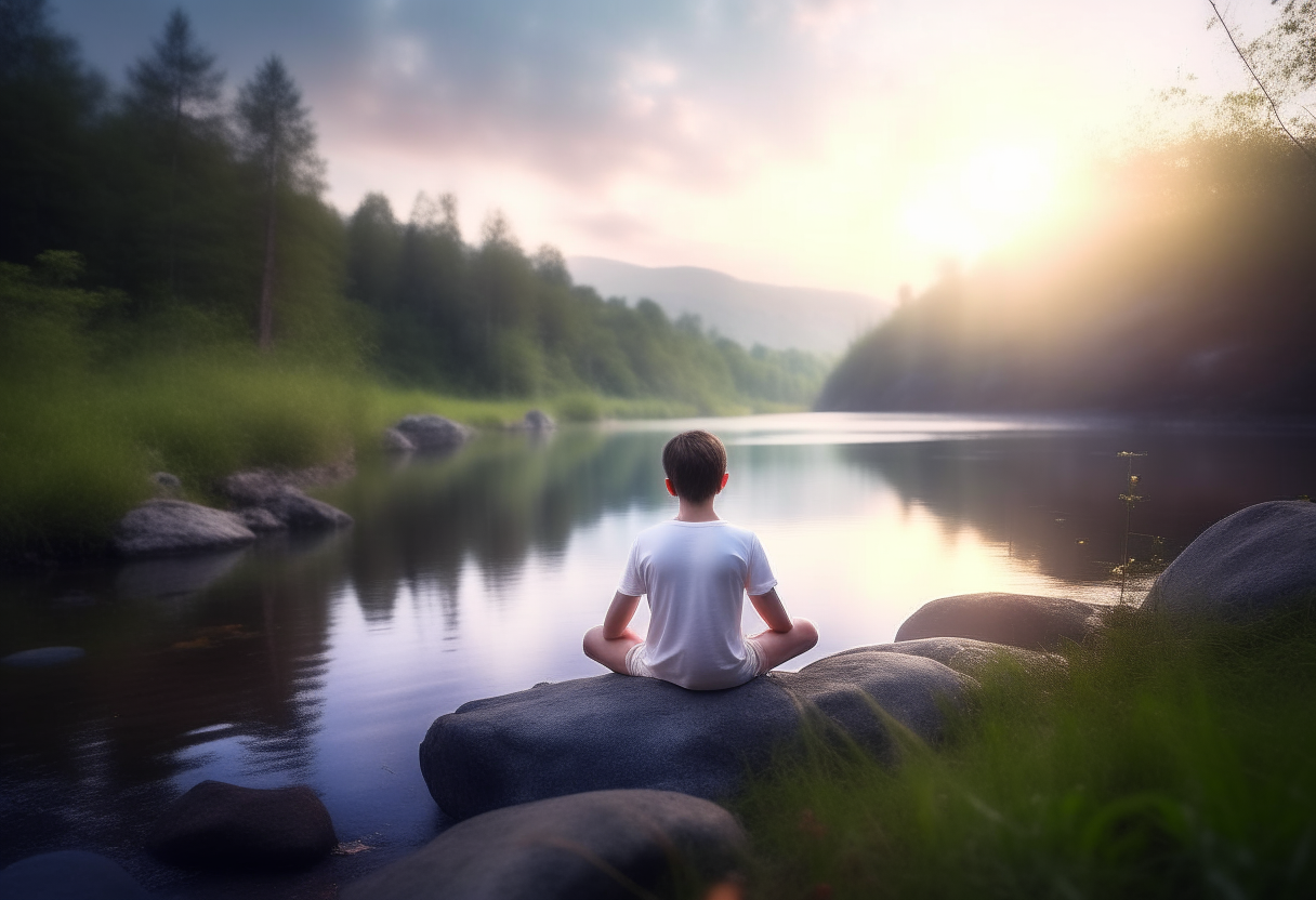 A person peacefully meditating in a serene setting, letting go of worries about the past and future.
