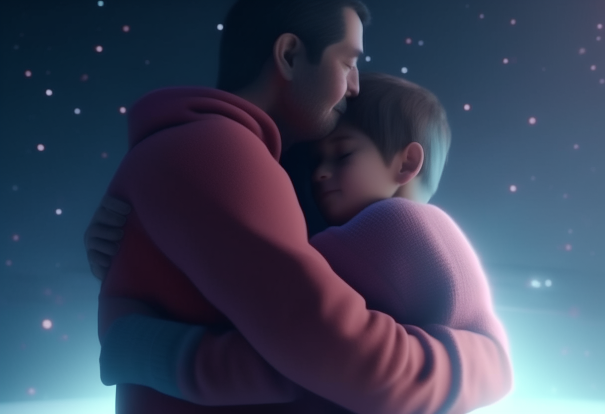 A parent comforting a child with a reassuring hug, demonstrating the power of resilience and love. futuristic, 8k, wide shot, celestial