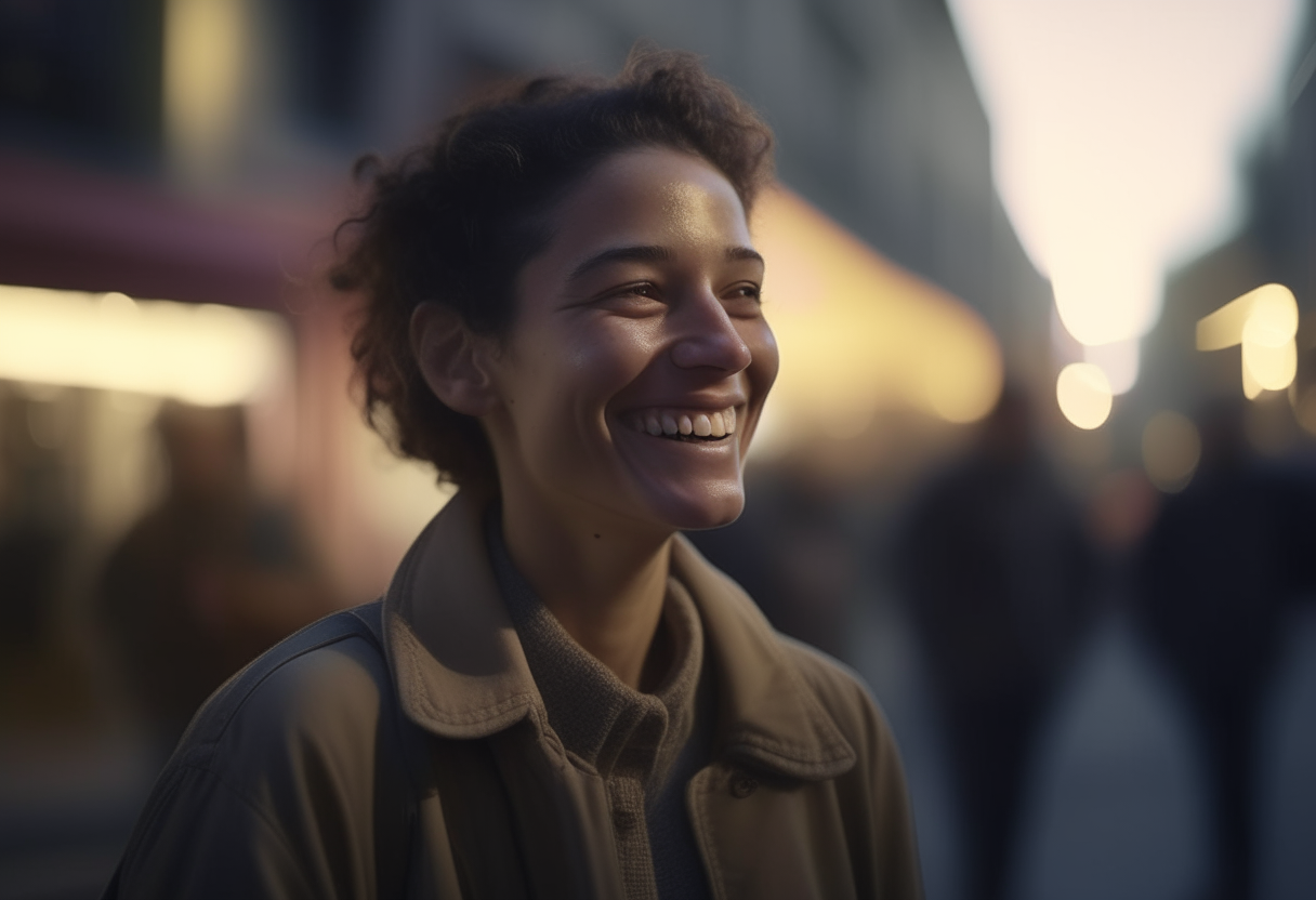 A person smiling as they navigate through a busy street, finding joy in the simple moments of life.