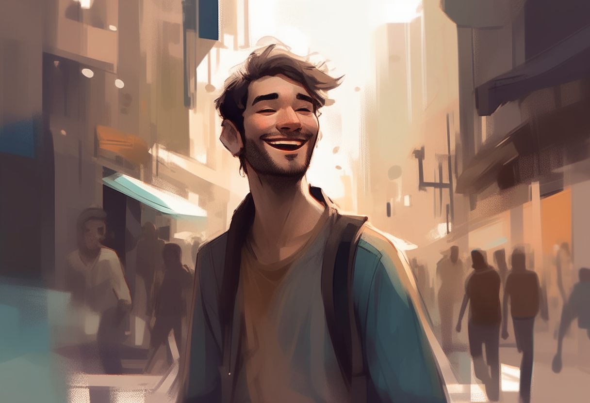 A person smiling as they navigate through a busy street, finding joy in the simple moments of life.