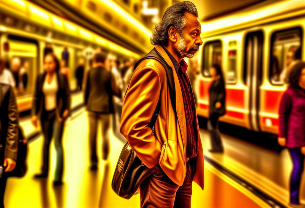 A commuter gracefully adapting to a delay in public transportation, maintaining a positive attitude. undefined