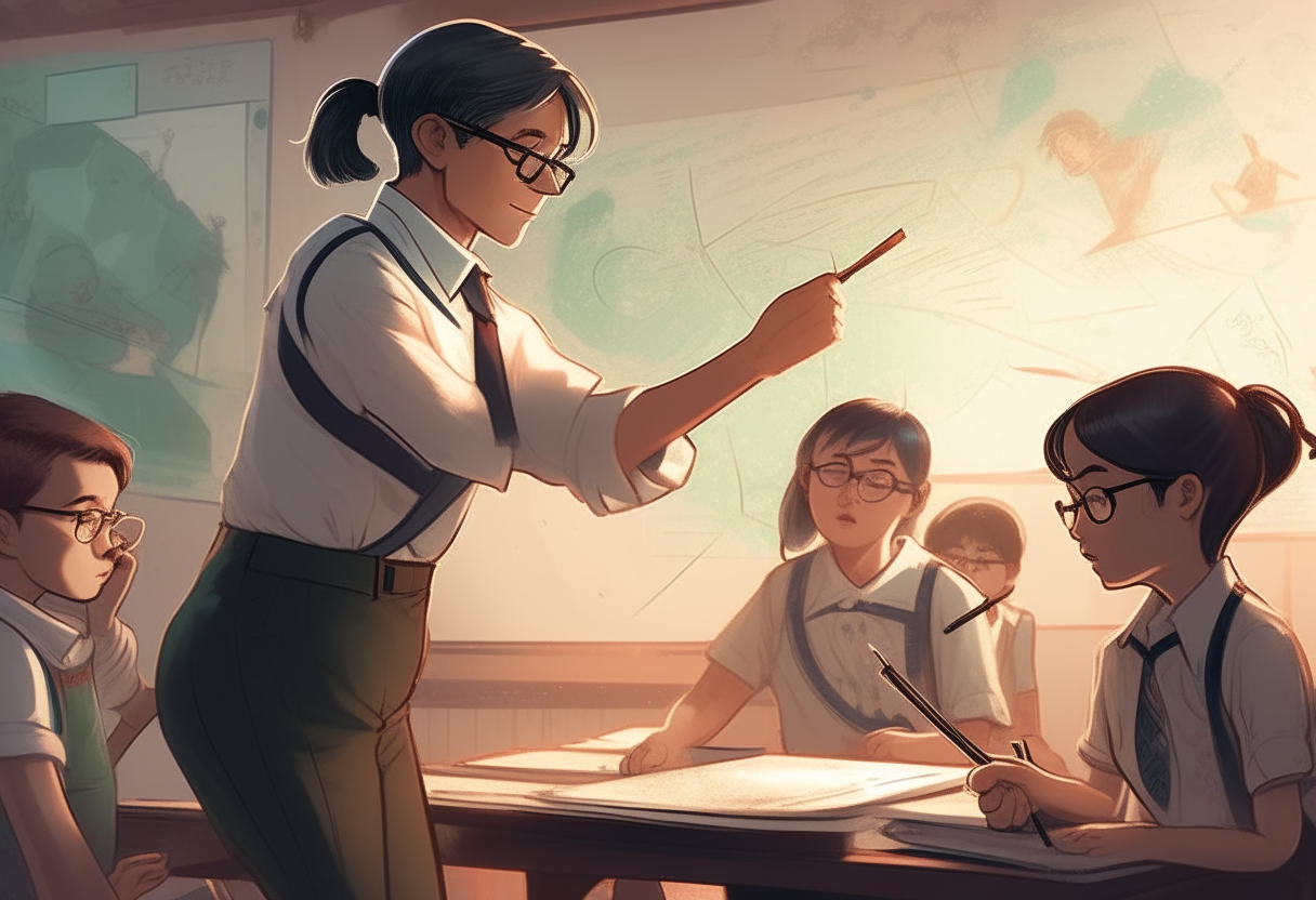 A teacher patiently guiding students through a challenging lesson, instilling a sense of determination. official splash art, full shot