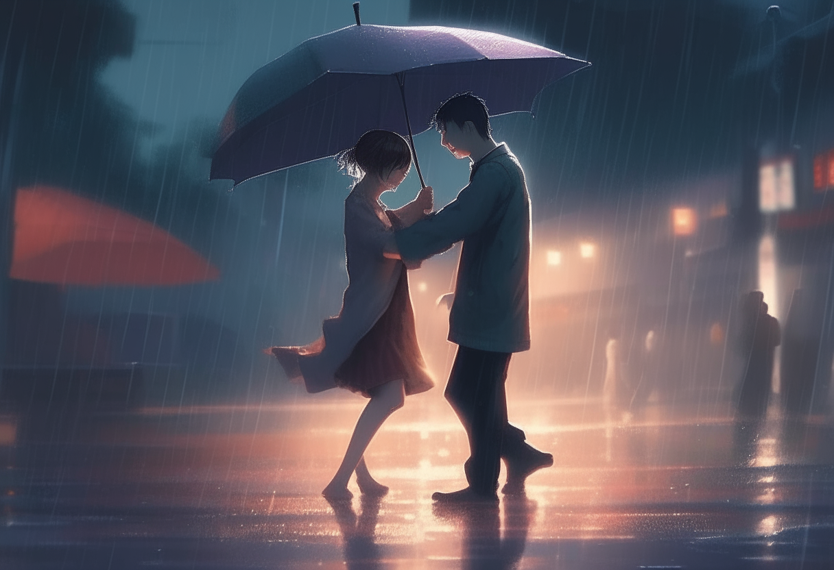 A couple dancing in the rain, finding beauty and joy in unexpected circumstances. cinematic lighting, pixiv