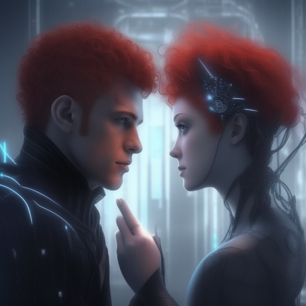 A cybernetic male god is expressively talking to a beautiful witch with red curly short hair. High detail, cyberpunk style