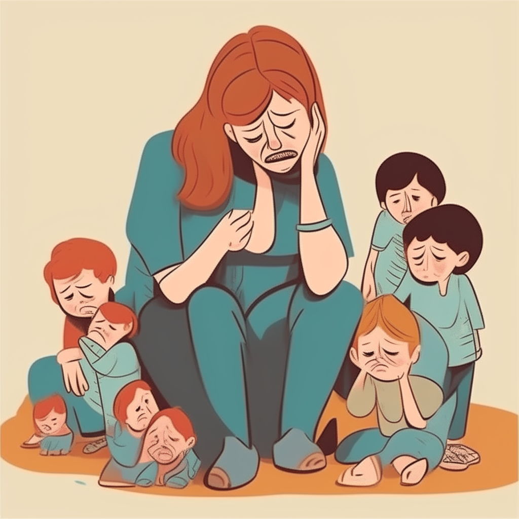 a tired woman crying and sitting among children is looking for the source and fulfillment of life