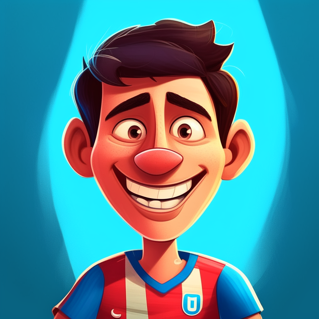 A cartoon portrait of a soccer player in the Pixar animation style. He has dark hair, a square jaw, and is smiling confidently. He is wearing the blue and red jersey of the Argentine national soccer team, with the number 10. The image is colorful and captures the lively, fun spirit of a Pixar movie.