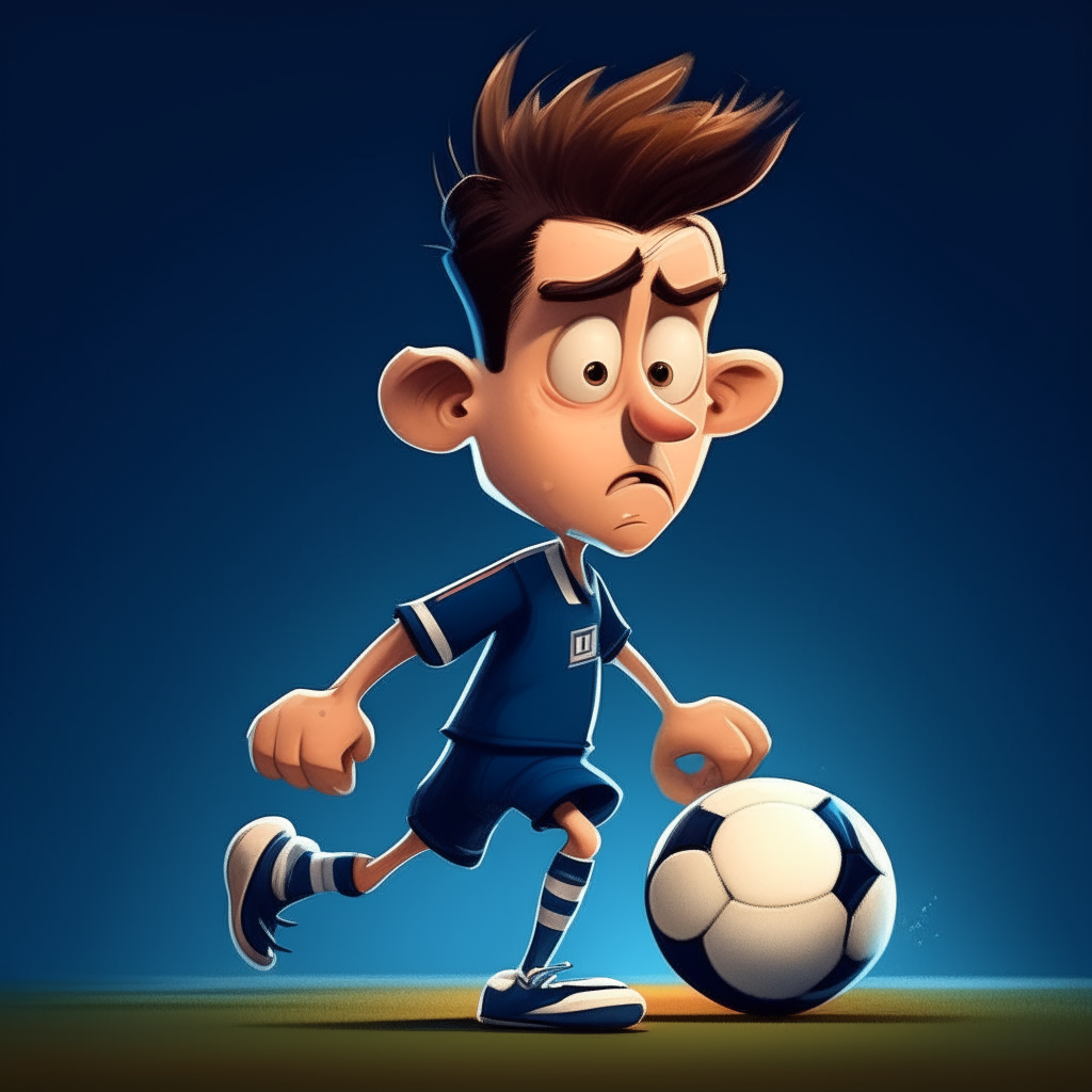 A cartoon caricature of a soccer player dribbling the ball, in the animated style of Pixar films