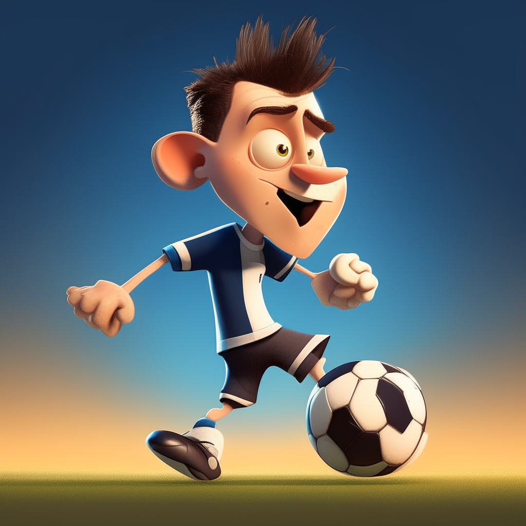 A cartoon caricature of a soccer player kicking the ball, in the animated style of Pixar films