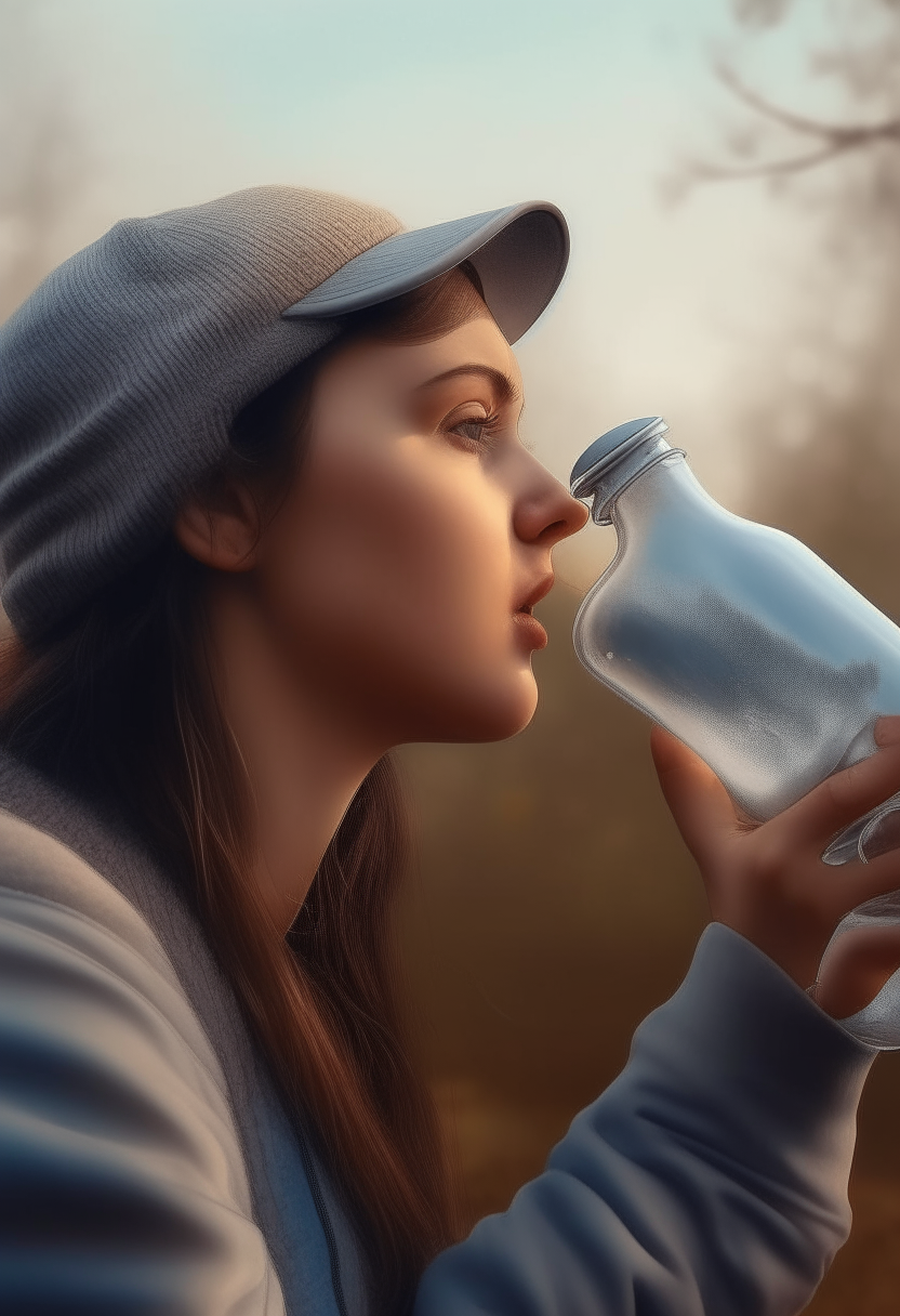 woman drinking water, drinking from a big bottle, in nature, mild weather, ultra realistic, 9:16 format