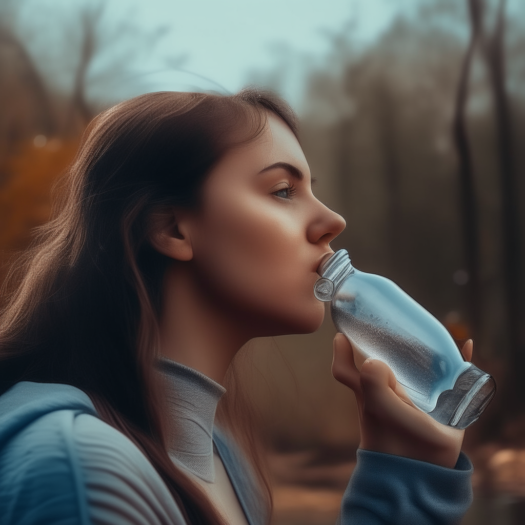 woman drinking water, drinking from a big bottle, in nature, mild weather, ultra realistic, 9:16 format