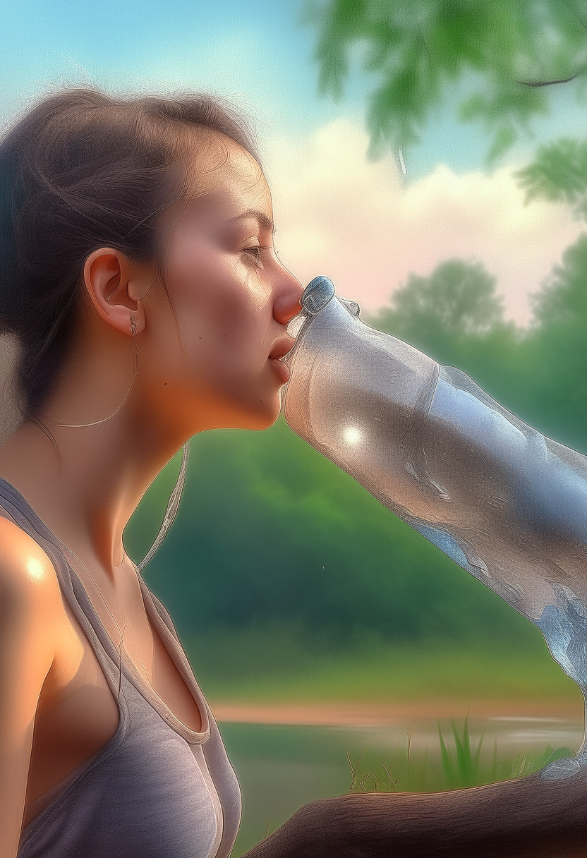 woman drinking water, drinking from a big bottle, in nature, mild weather, ultra realistic, 9:16 format