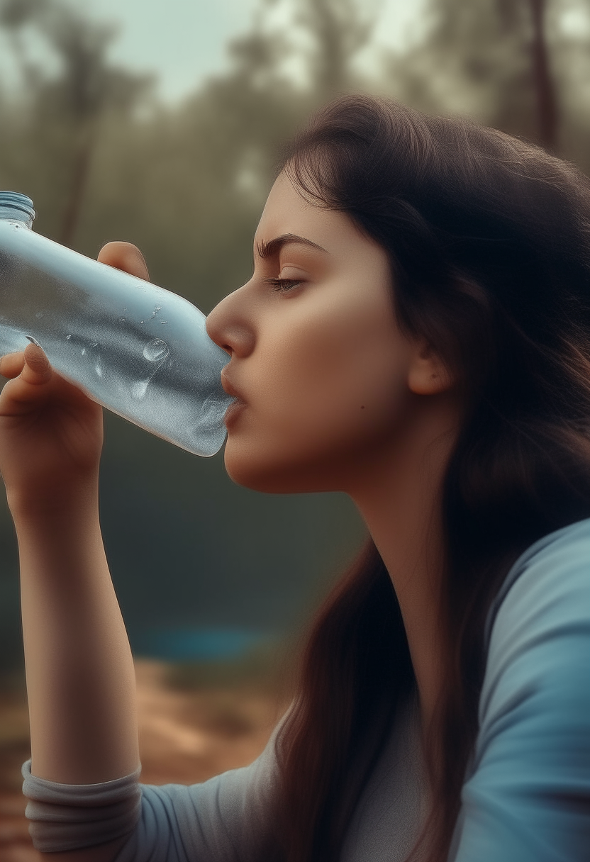 woman drinking water, drinking from a big bottle, in nature, mild weather, ultra realistic, 9:16 format