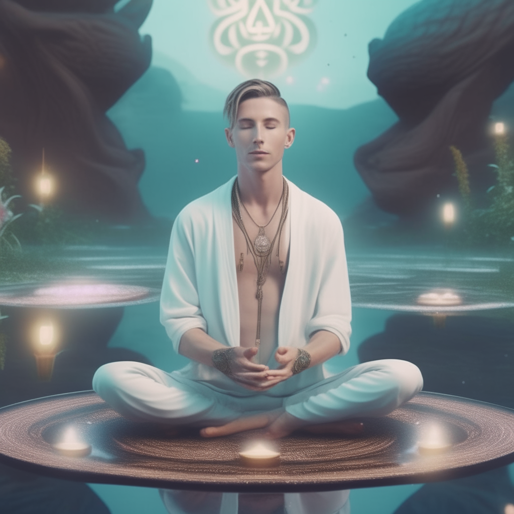 A square image portrait of a young handsome Zeno meditating in lotus position on a pond surrounded by qabalah, qlippoth and virgo symbols, 4k rendering