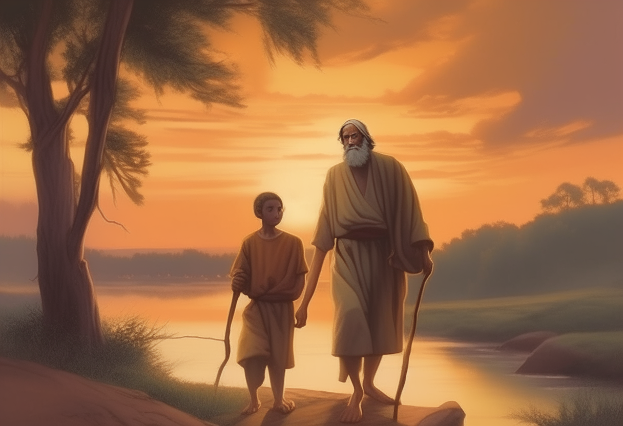 
Prophet Abram, walking together with his son, towards the horizon carrying tree sticks, papers in hands, river and forest in the background, sunset background