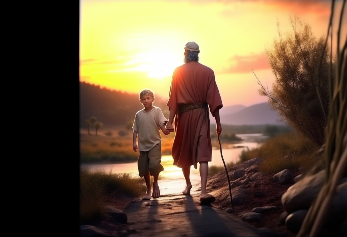 
Prophet Abram, walking together with his son, towards the horizon carrying tree sticks, papers in hands, river and forest in the background, sunset background