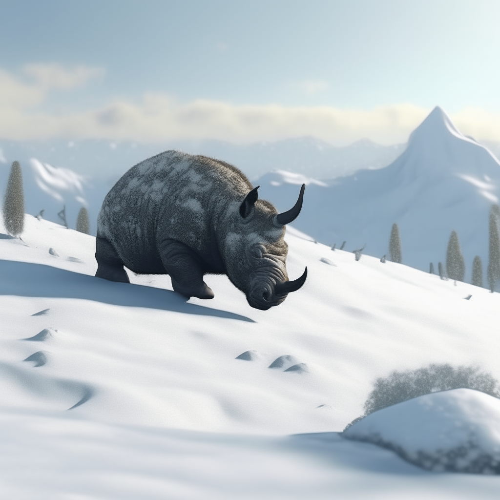 a rhinoceros skiing down a snowy mountain slope photorealistic 4k resolution