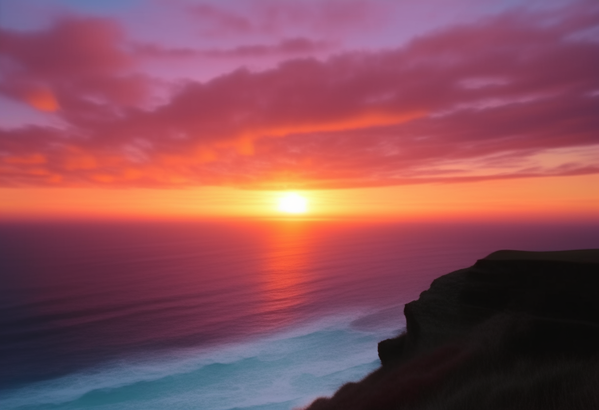 a spectacular sunrise seen from a cliff overlooking the ocean, with brilliant orange and pink clouds against a blue sky, 4K ultra HD quality