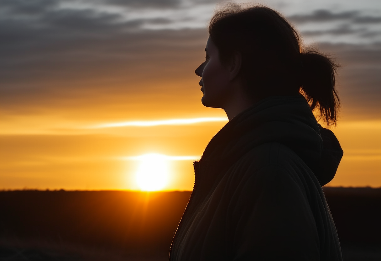 the previous sunrise image, with a woman gazing into the distance