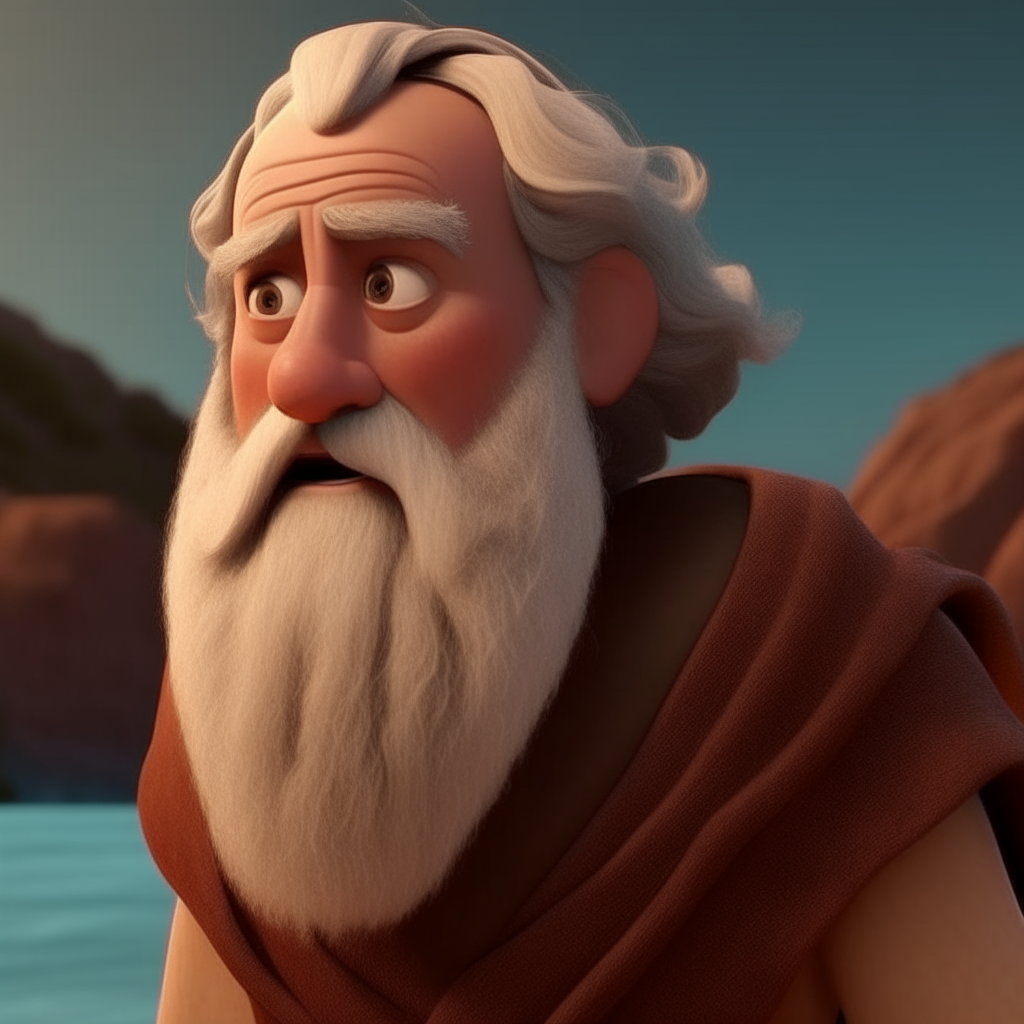 GE THAT PORTRAYS MOSES, ABOUT 50 YEARS OLD IN A BROWN TUNIC, WITH WHITE BEARDS, LIGHT SKIN, GRAY HAIR, CROSSING THE RED SEA WITH THE Hebrews, PIXAR STYLE, DISNEY 3D STYLE, CINEMATOGRAPHIC AND OF EXCELLENT QUALITY.