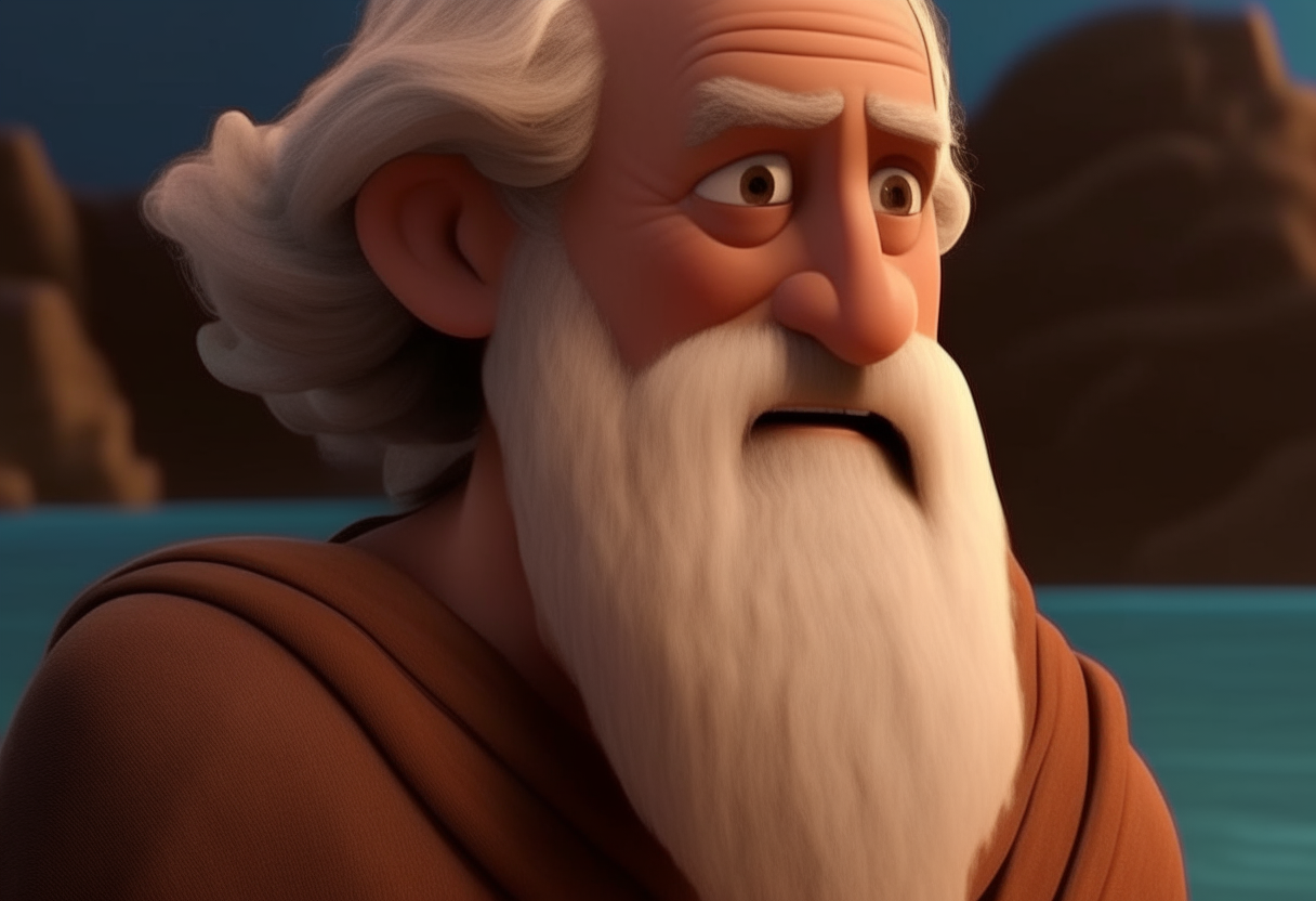 GE THAT PORTRAYS MOSES, ABOUT 50 YEARS OLD IN A BROWN TUNIC, WITH WHITE BEARDS, LIGHT SKIN, GRAY HAIR, CROSSING THE RED SEA WITH THE Hebrews, PIXAR STYLE, DISNEY 3D STYLE, CINEMATOGRAPHIC AND OF EXCELLENT QUALITY.