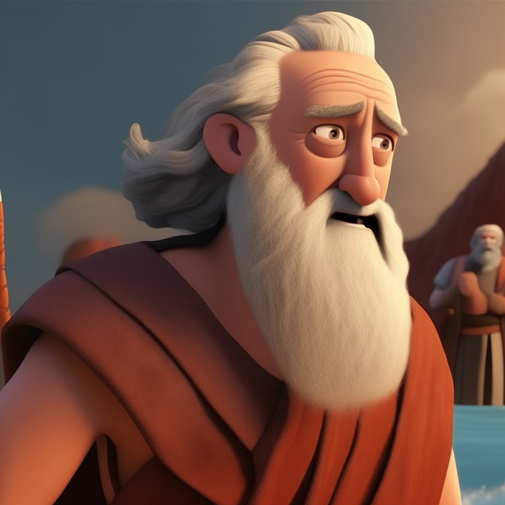 IMAGE THAT PORTRAYS MOSES, ABOUT 50 YEARS OLD IN A BROWN TUNIC, WITH WHITE BEARDS, LIGHT SKIN, GRAY HAIR, CROSSING THE RED SEA WITH THE Hebrews, PIXAR STYLE, DISNEY 3D STYLE, CINEMATOGRAPHIC AND OF EXCELLENT QUALITY.