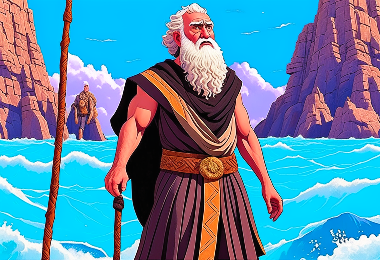 IMAGE THAT PORTRAYS MOSES, ABOUT 50 YEARS OLD IN A BROWN TUNIC, WITH WHITE BEARDS, LIGHT SKIN, GRAY HAIR, CROSSING THE RED SEA WITH THE Hebrews, PIXAR STYLE, DISNEY 3D STYLE, CINEMATOGRAPHIC AND OF EXCELLENT QUALITY.