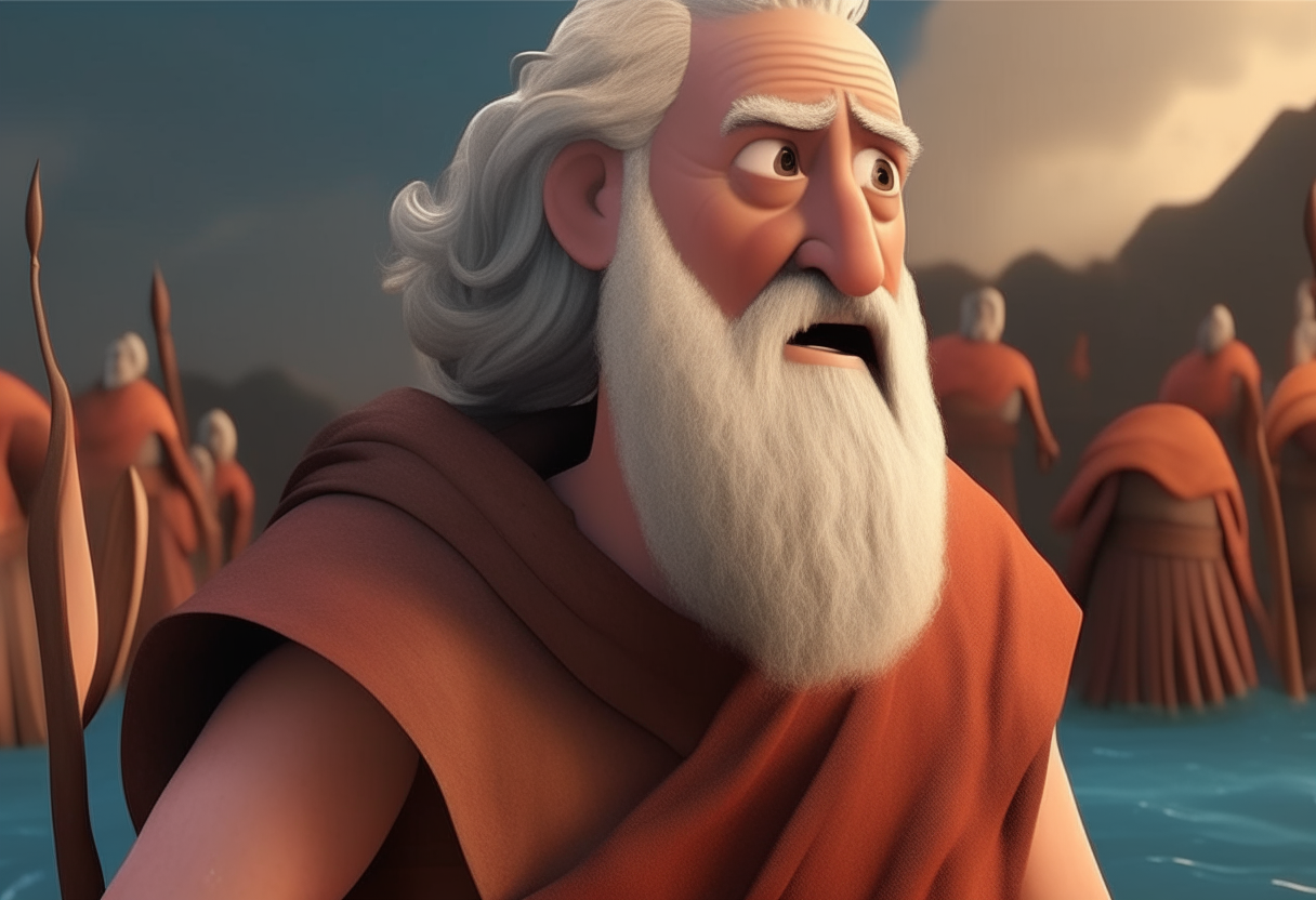 IMAGE THAT PORTRAYS MOSES, ABOUT 50 YEARS OLD IN A BROWN TUNIC, WITH WHITE BEARDS, LIGHT SKIN, GRAY HAIR, CROSSING THE RED SEA WITH THE Hebrews, PIXAR STYLE, DISNEY 3D STYLE, CINEMATOGRAPHIC AND OF EXCELLENT QUALITY.