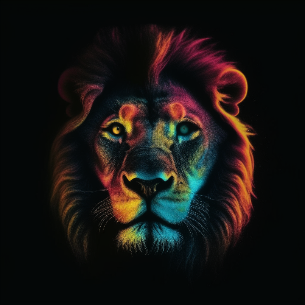 A fluorescent lion face glows against a dark night sky