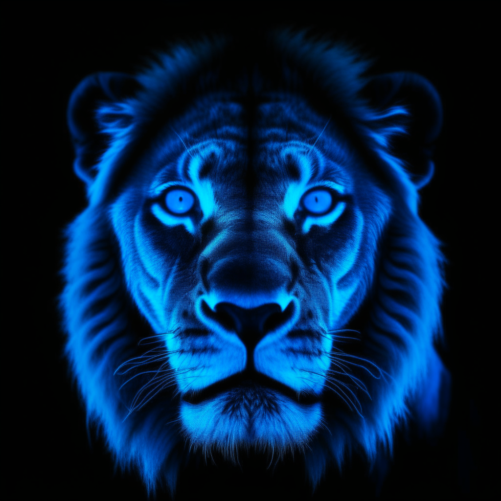 the face of a lion in bright neon blue with a black background