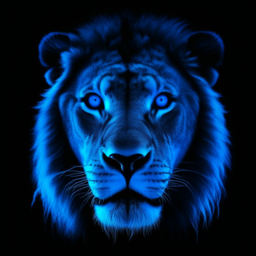 the face of a lion in bright neon blue with a black background