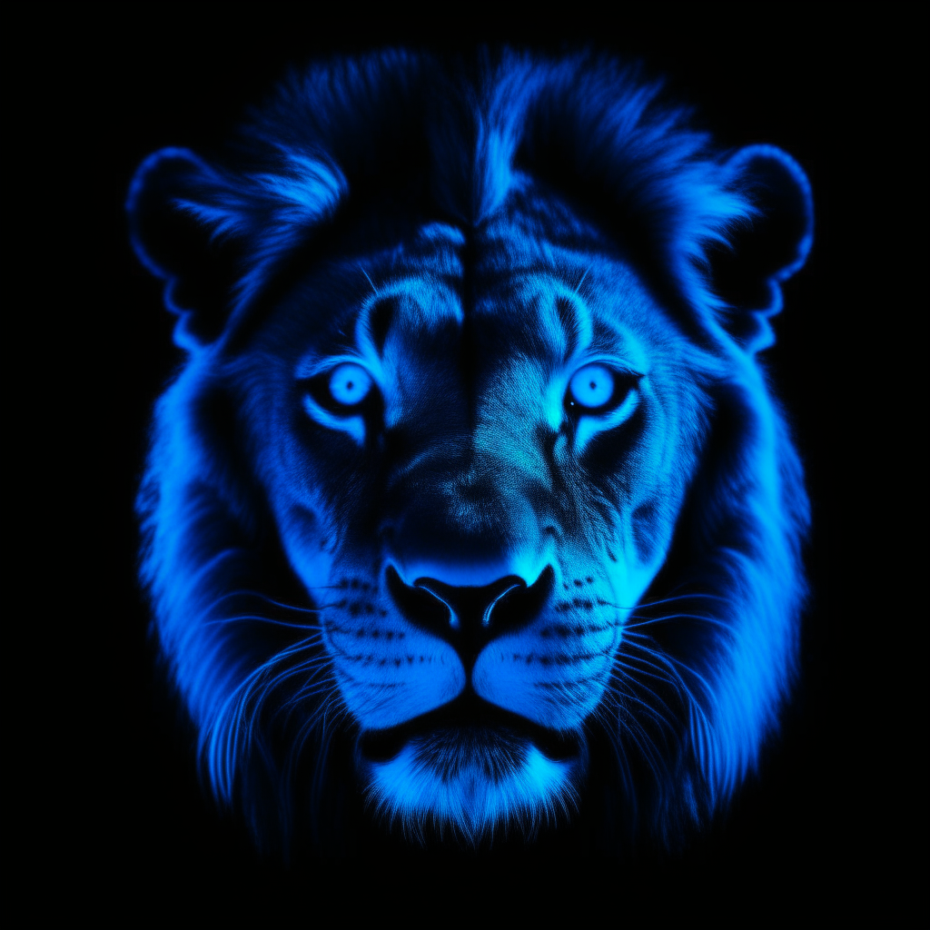 the face of a lion in bright neon blue with a black background