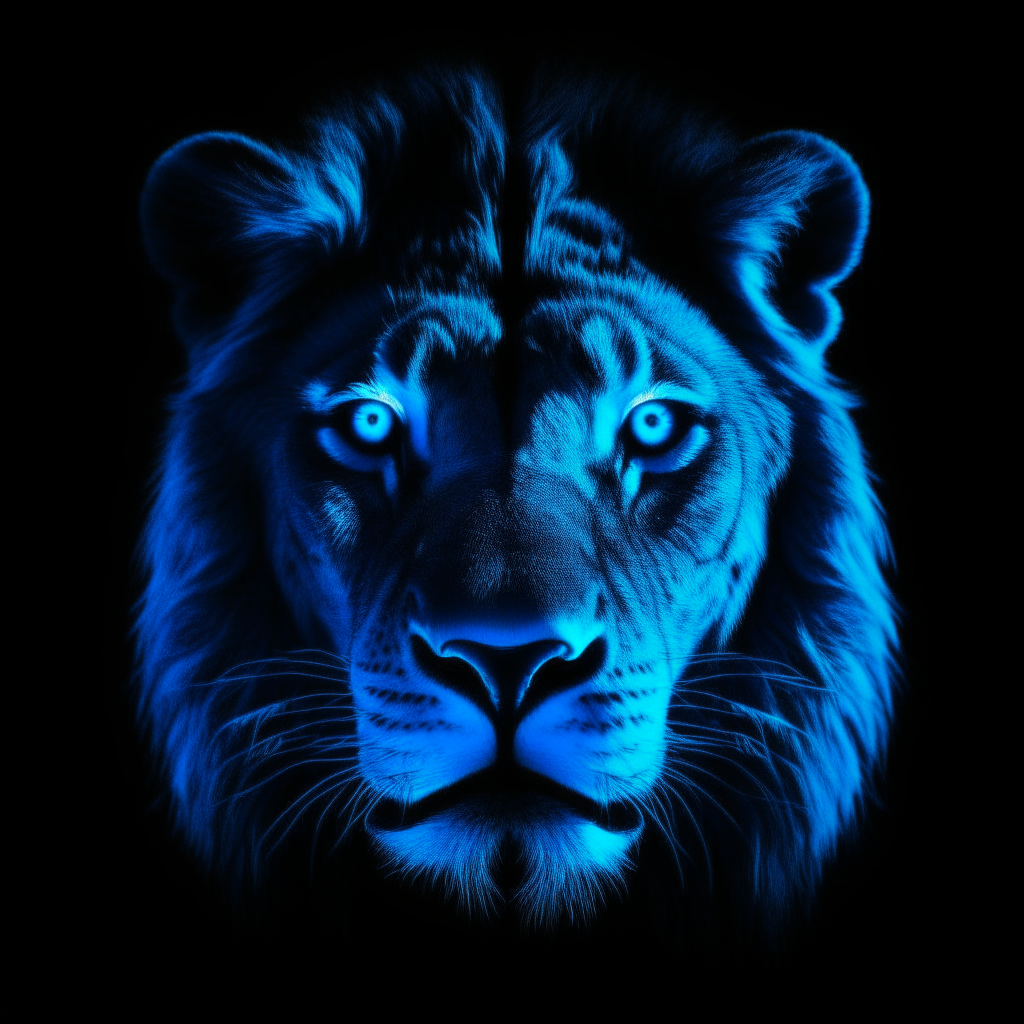 the face of a lion in bright neon blue with a black background