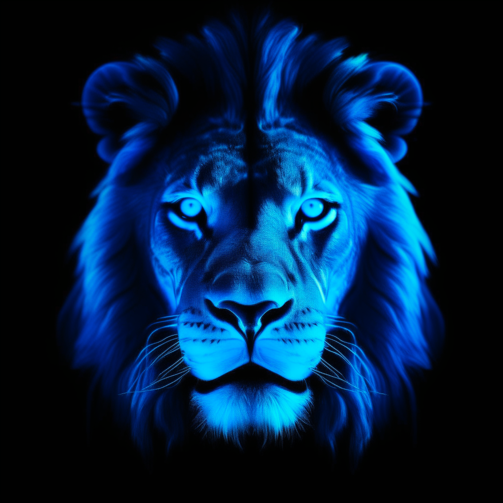 the face of a lion in glowing neon blue, on a black background