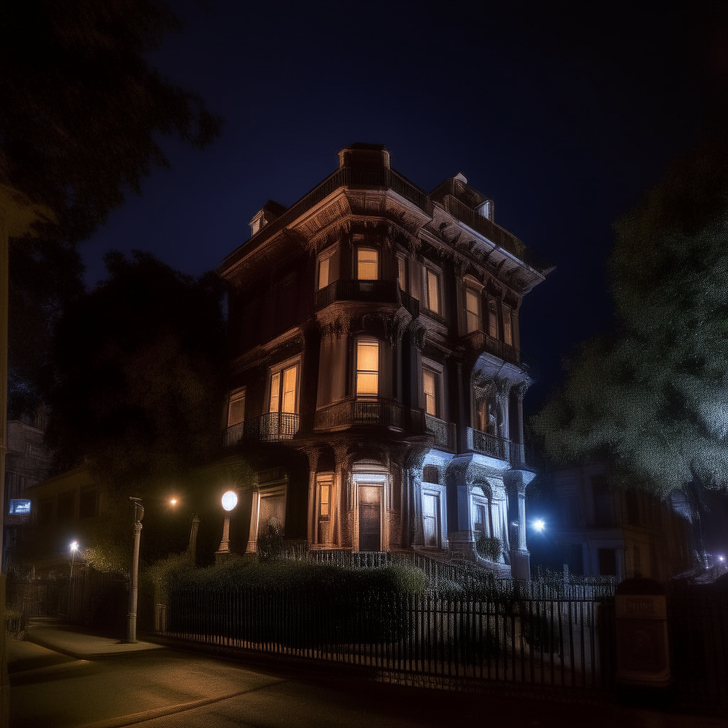 a front view of the haunted mansion on Nob Hill in San Francisco at night, spooky