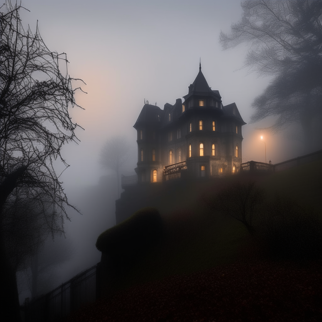 A misty evening view of a large Victorian mansion on a hill, surrounded by dark trees and fog. The windows glow with an eerie light.