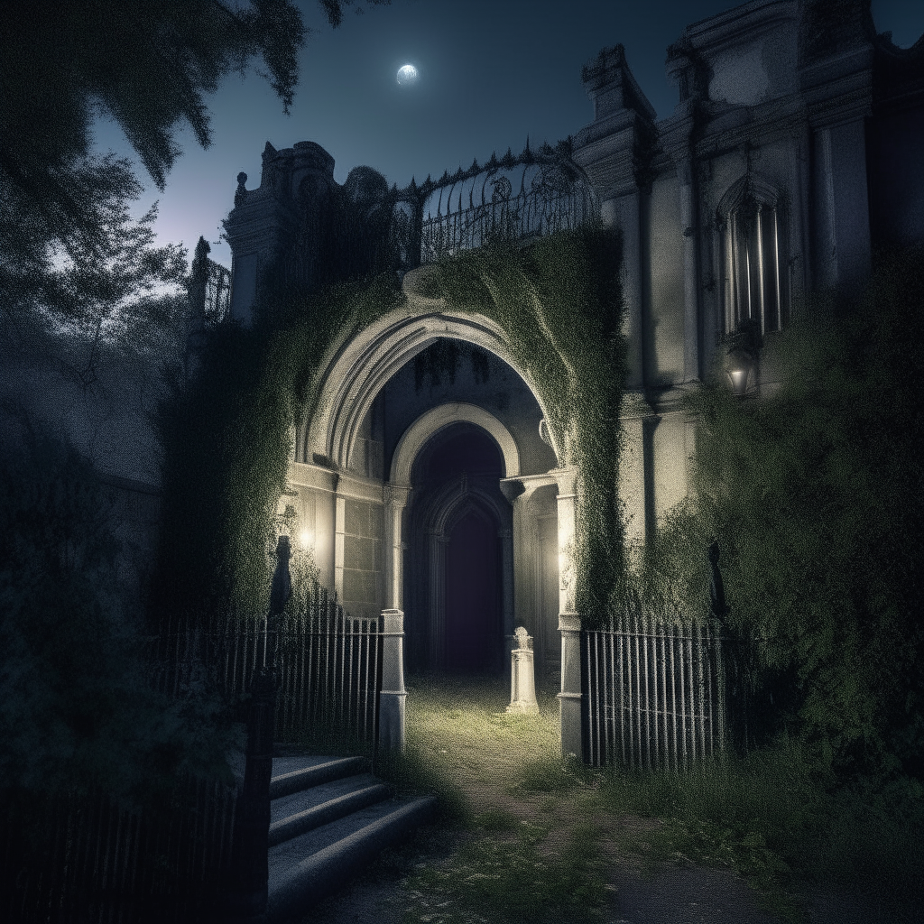 The grand front entrance of an abandoned Gothic mansion at night, covered in ivy with a creaky iron gate. Moonlight illuminates the crumbling stonework.