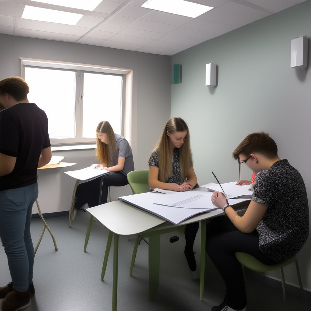 in a small contemporary styled room, a small number of young adults are undertaking an exam