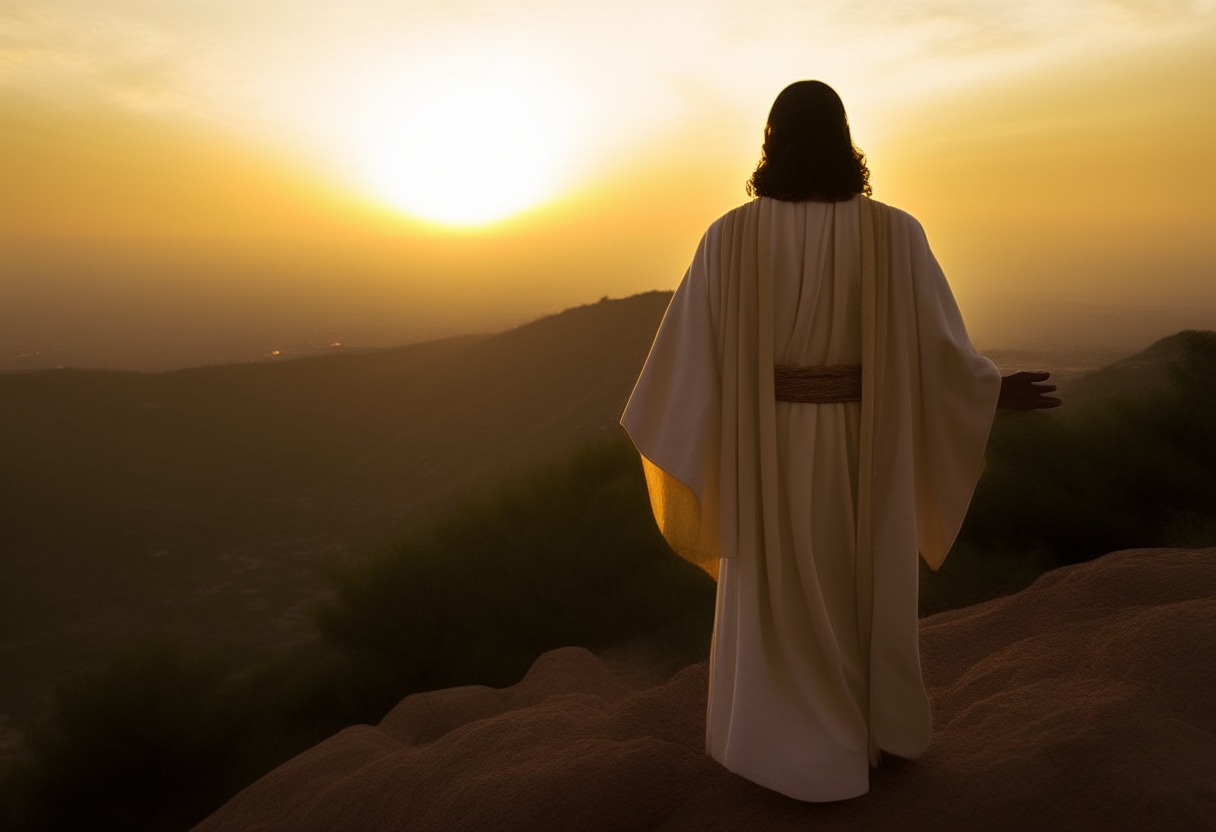 Testemunhe a ascensão de Jesus ao céu no Monte das Oliveiras, onde ele se despede de seus discípulos amados. A luz dourada do amanhecer envolve o cenário enquanto Jesus ergue as mãos em bênção. Os discípulos, vestidos com túnicas simples e turbantes, olham para cima com admiração e reverência, enquanto anjos pairam no céu, prontos para acompanhá-lo em sua jornada celestial.