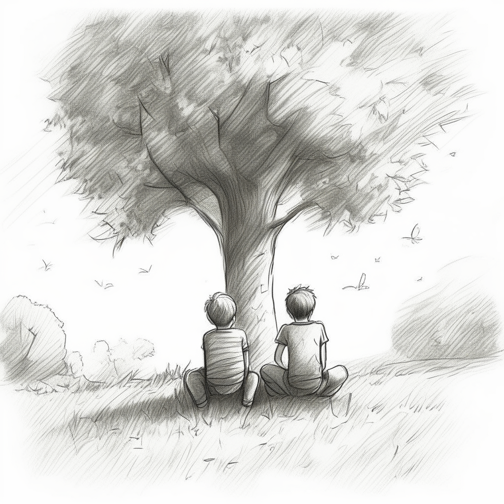 Simple pencil sketch. Two boys sitting under a large tree on a sunny day. Blades of grass and wildflowers visible.