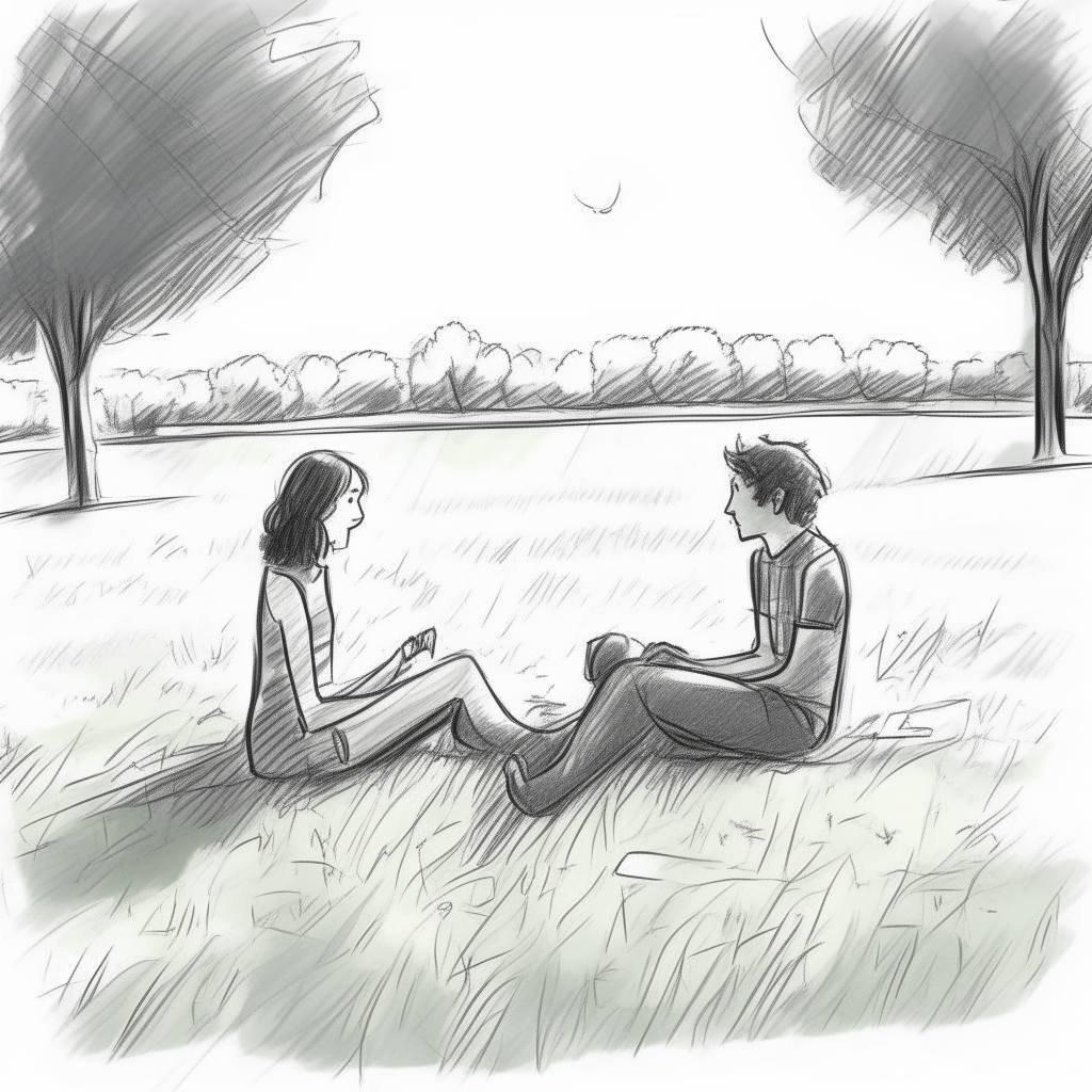 2D drawing sketch. Open grassy field with trees in the background. Two friends sitting facing each other on a blanket.